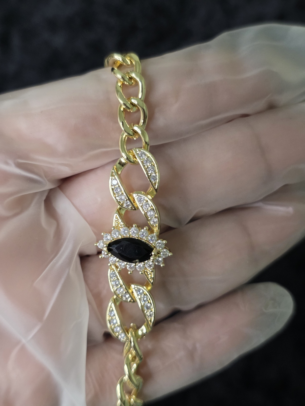 14K Gold-filled Chain Bracelet with Black Marquise Center and Crystal Halo